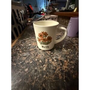Vintage Beth Personalized Coffee Mug Floral Orange Daisy Cream Ceramic Cup
